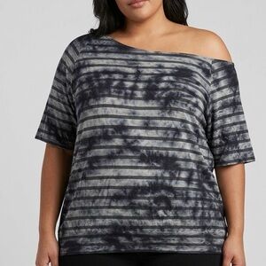 TORRID Twist Tees Y2K Striped Tie Dye Black Gray Off Shoulder T-Shirt Top 4 4X
